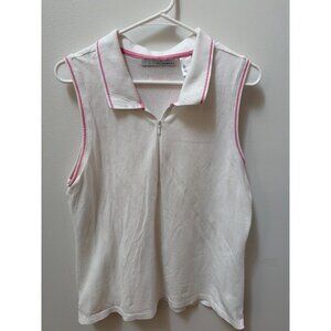 St. Aumont Golf Womens White Sleeveless Polo Top With Pink Trim & Half-Zip Closu